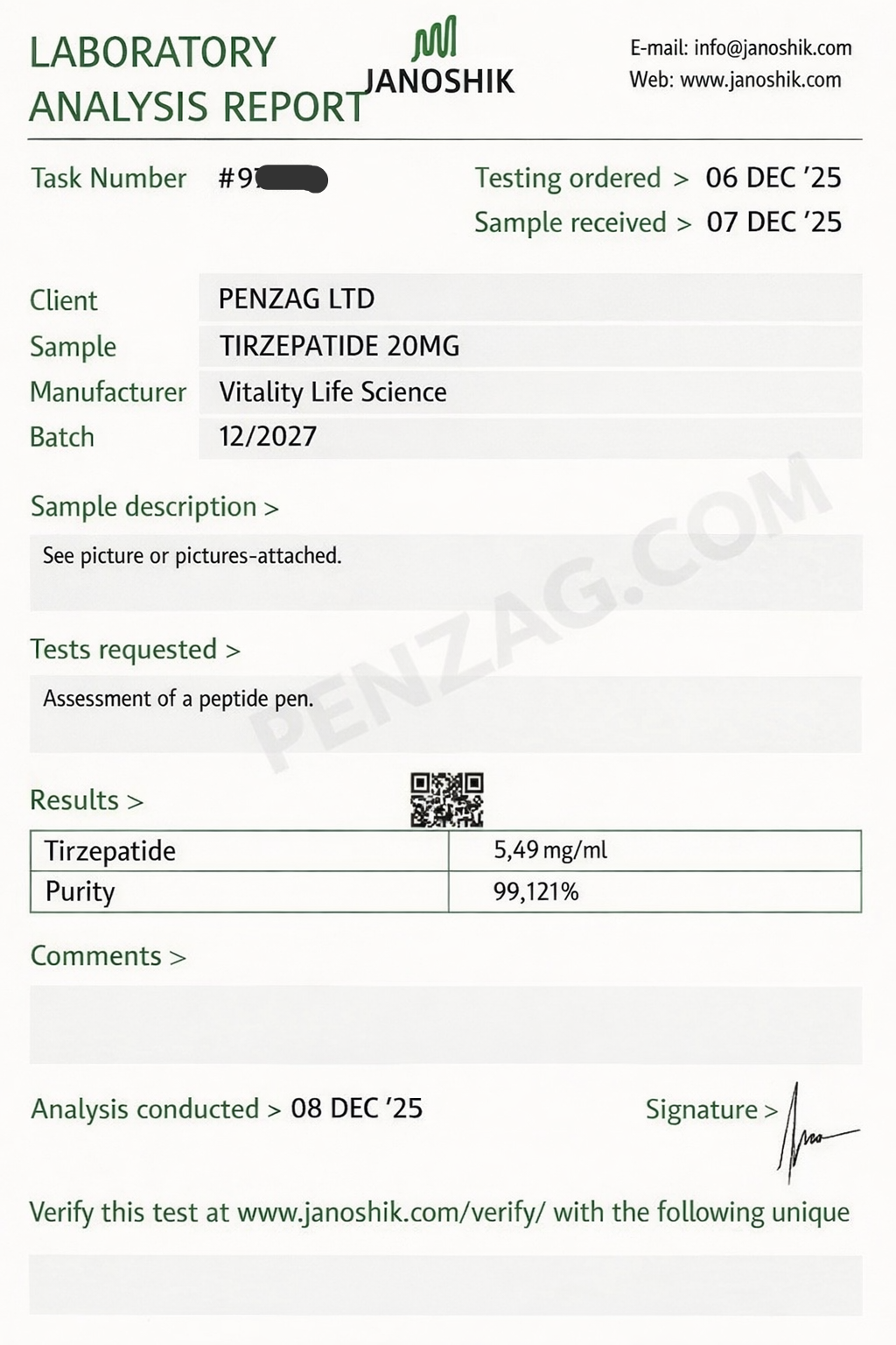 Laboratory analysis report for Tirzepatide 20MG with Janoshik branding.