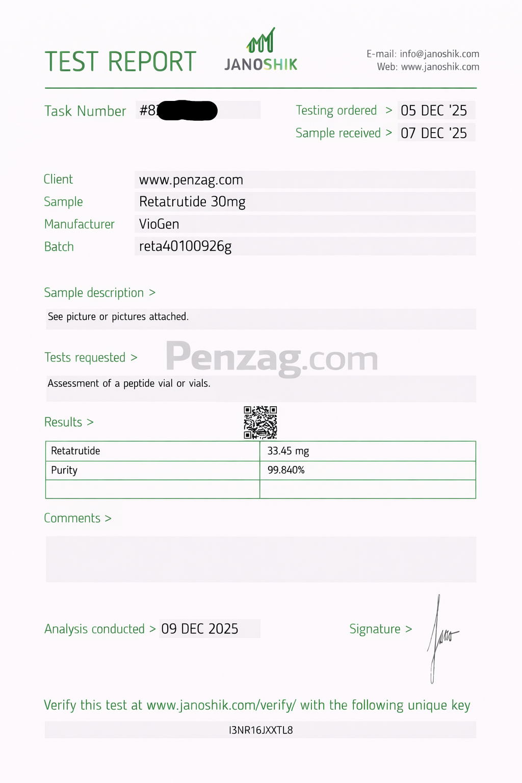 Test report from Janosik for Penzag.com with product details and results.