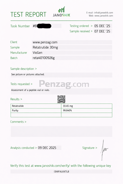 Test report from Janosik for Penzag.com with product details and results.
